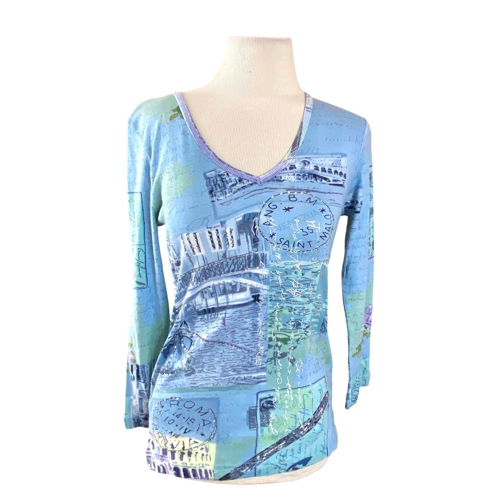 Chaudry KC Womens Blue Travel Print Sequin V-Neck Long Sleeve Top Size‎ S NWT